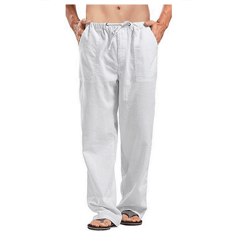 Men's Cotton Linen Pants Summer Solid Color Breathable Linen Trousers Male Casual Elastic Waist Fiess Pants_voghion.com