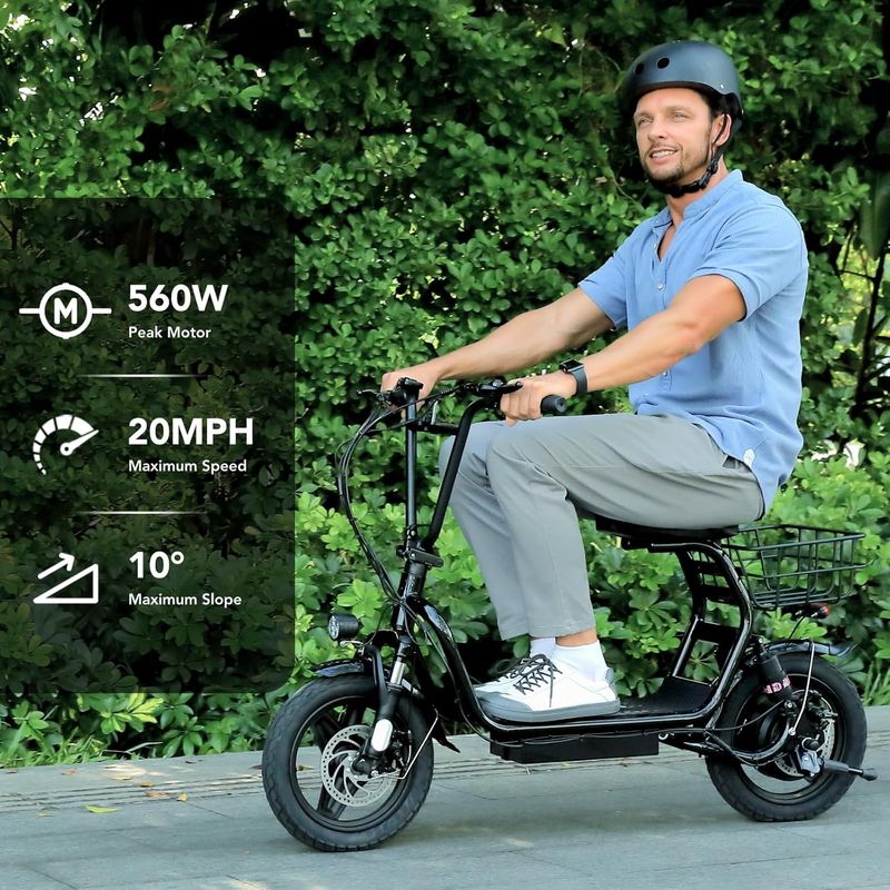 Peak 1200W Electric Scooter With Seat, 500Wh Battery, 30Miles Range, 20MPH, 14" Tires Foldable With Basket For Commuting, Dual Shock Absorbing Ebike_voghion.com