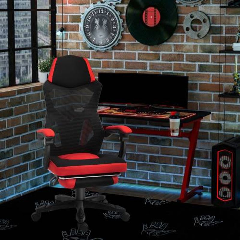 Tapis de jeu Ergonomischer Schreibtischstuhl Mit Fußstütze Höhenverstellbar Polyester Schwarz Rot 58 X 72 X 112-122 Cm pour bureau et jeux_voghion.com