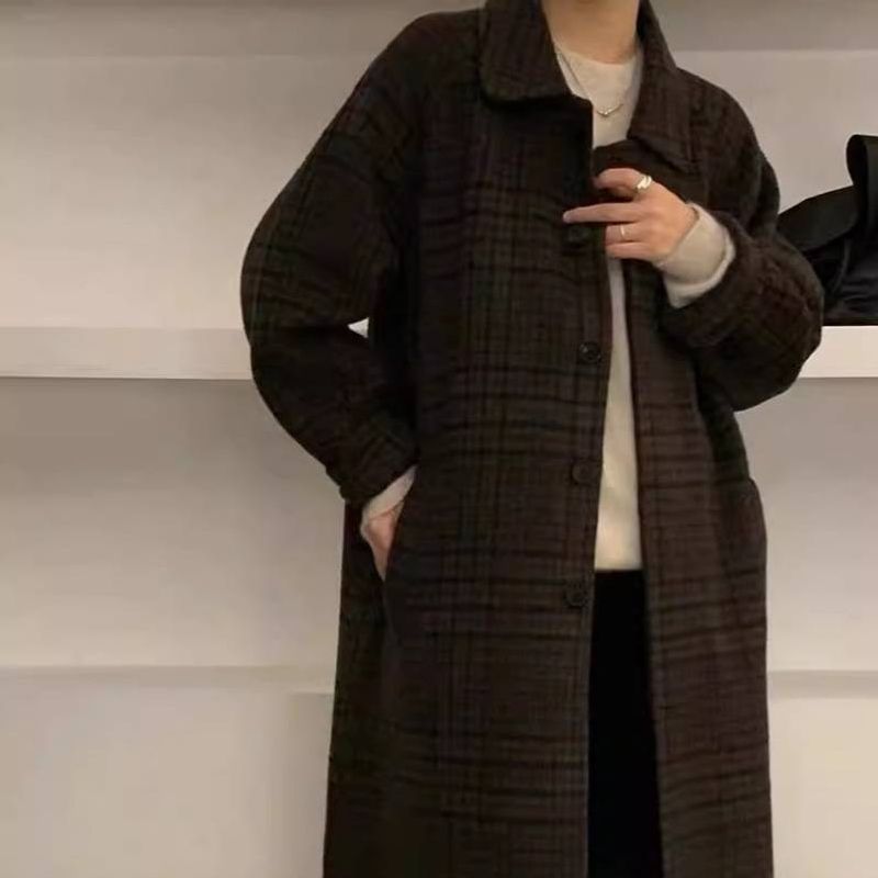 Koreanischer grün karierter doppelseitiger Kaschmirmantel für Frauen, mittellang, neuer lockerer Mantel im koreanischen Stil, trendig, Einheitsgröße_voghion.com
