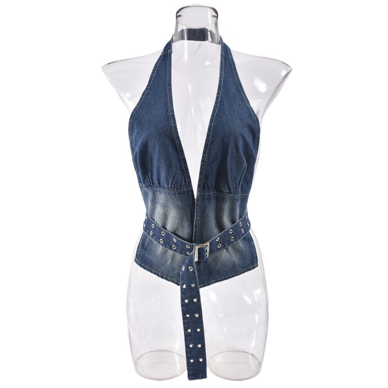 Women's Clothing Summer New Arrival Denim Washed Sexy Adjustable Top_voghion.com