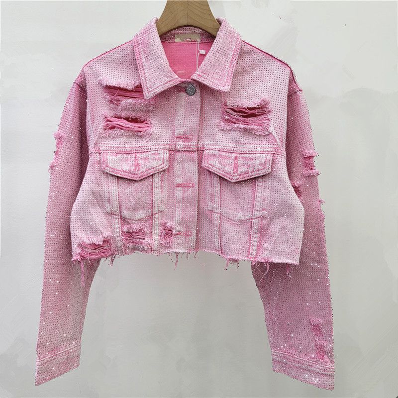 Vêtements pour femmes Printemps Nouvelle mode Street Rocking Hole Filled Diamond Loose Short Denim Jacket_voghion.com