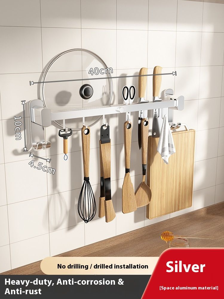 No-Drill Wall-Mounted Kitchen Utensil Organizer – Space Aluminum Hanging Rack For Spoons, Knives Cooking Tools, 6-14_voghion.com