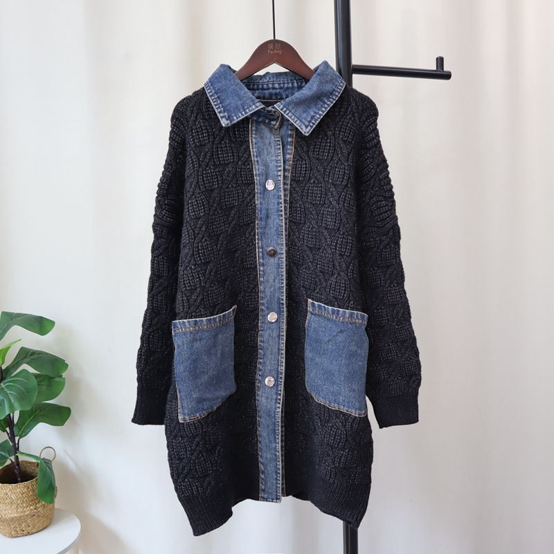 Chunky Sweater Lazy Style Women's Autumn And Winter New Korean Loose Splicing Denim Knitted Cardigan Long Coat_voghion.com