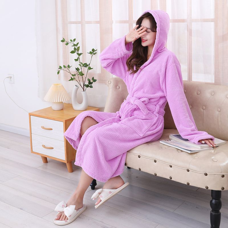 Albornoz con capucha de punto de piña de invierno - Bata de forro polar coral ultrasuave con cinturón cruzado - Vestido de baño de manga larga grueso y acogedor para spa en casa_voghion.com