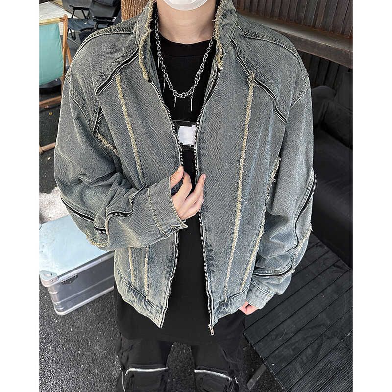 Giacca corta in denim da uomo, parrucchiere di lusso e di bell'aspetto, design di marca alla moda, giacca alla moda con bordo grezzo e nappe._voghion.com