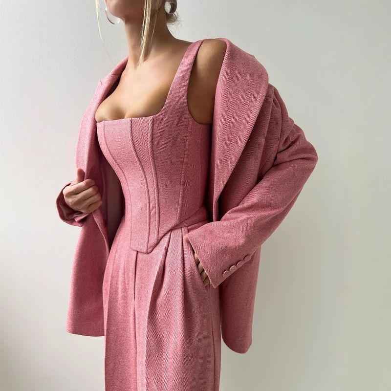 Elegant Women's Professional Suit Set With Boning Structure - Spring Office Wear Stretch Cotton Blend Pantsuit (Gray/Red)_voghion.com