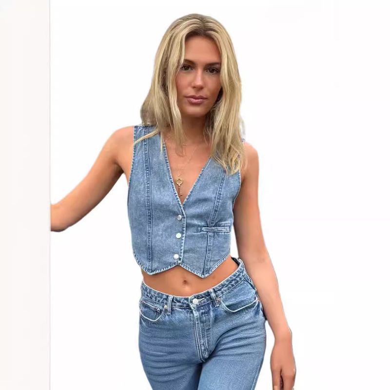 Women's Clothing Fashion Casual V Neck Denim Vest For Women_voghion.com