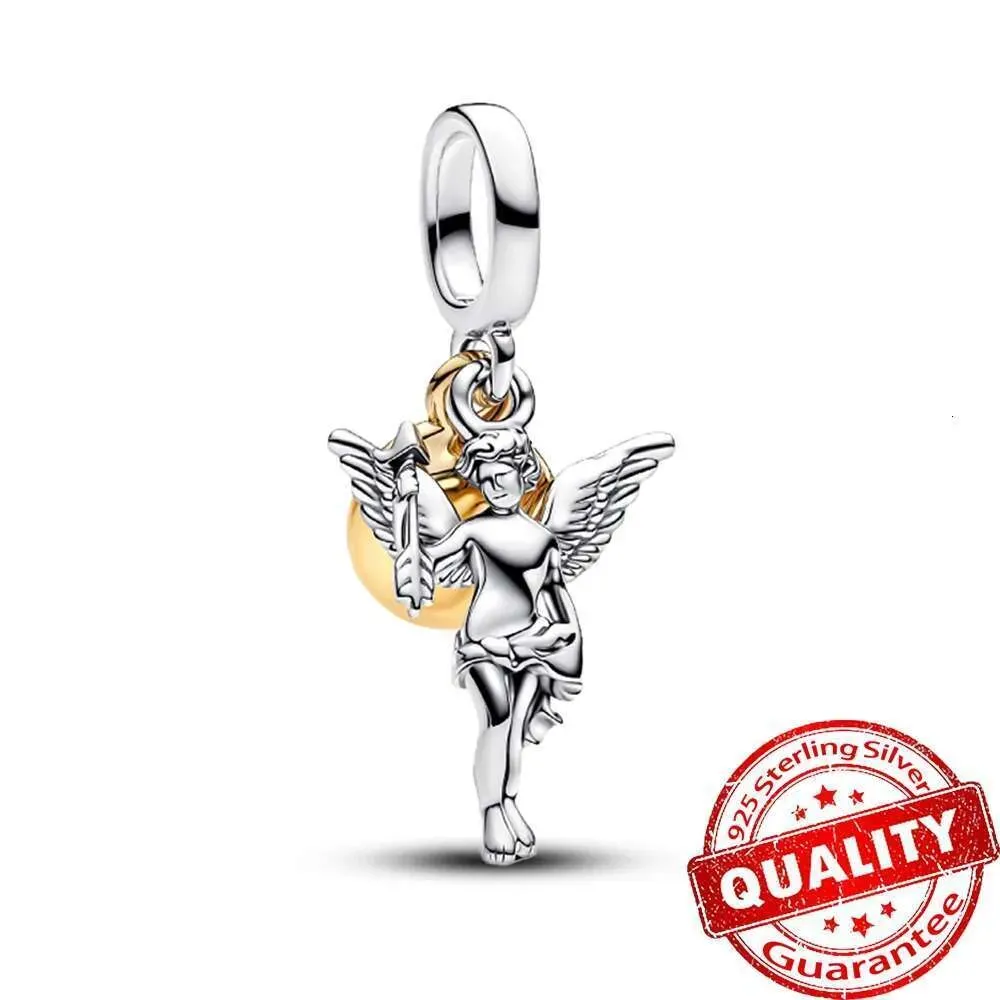 Classic Gold Wire Heart Sparking 925 Sterling Silver Pearl Angel Dangle Charm For DIY Women Bracelet Pendant Accessories_voghion.com