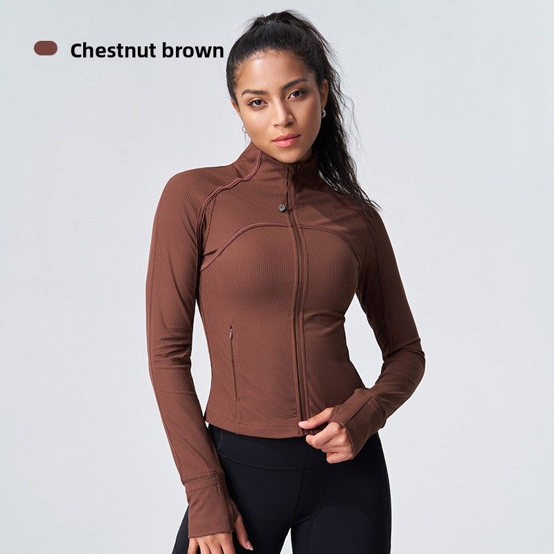 Jaqueta esportiva canelada de gola alta para uso externo, ideal para outono e inverno, com modelagem justa, perfeita para yoga, com mangas que imitam dedos e tecido grosso._voghion.com