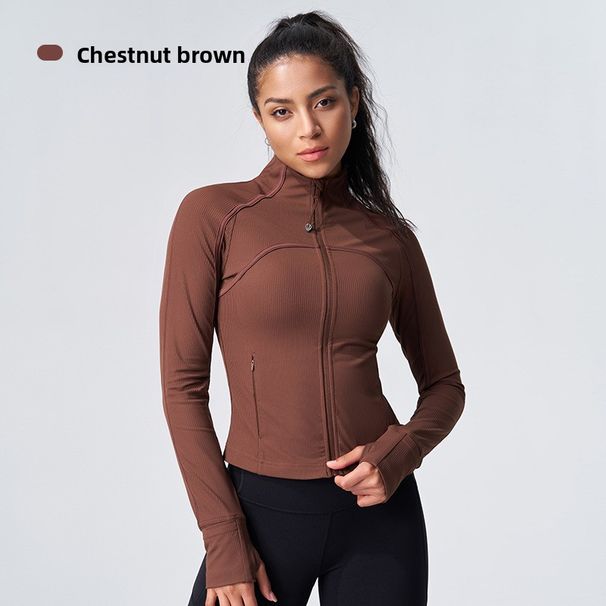 Jaqueta esportiva canelada de gola alta para uso externo, ideal para outono e inverno, com modelagem justa, perfeita para yoga, com mangas que imitam dedos e tecido grosso._voghion.com