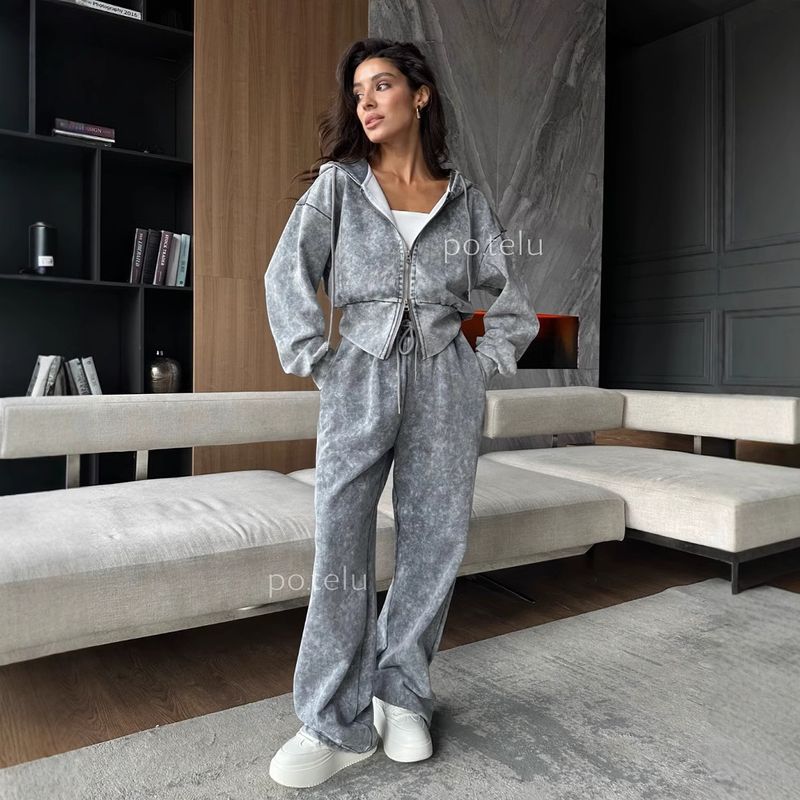 Women's Clothing Washed Distressed Sweater Suit Women's Long Sleeved Zipper Hooded Top Straight High Waist Casual Sweatpants_voghion.com