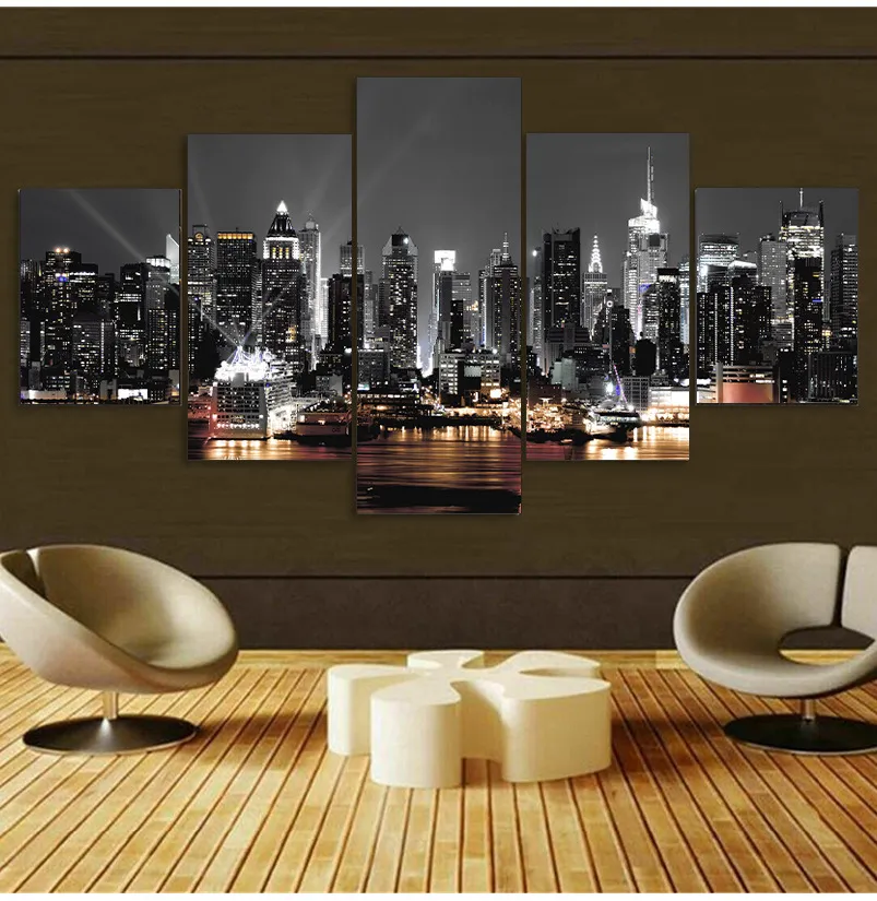5-Piece Set New York Architectural Landscape Canvas Pictures City Night Scene Poster Home Decoration Painting Core_voghion.com