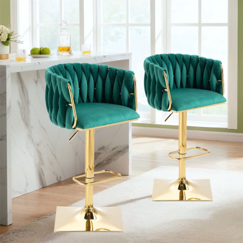 Sgabelli da bar moderni in velluto (set da 2) - Sedie girevoli regolabili in altezza con base in acciaio inossidabile dorato, schienale e poggiapiedi per cucina e bar_voghion.com