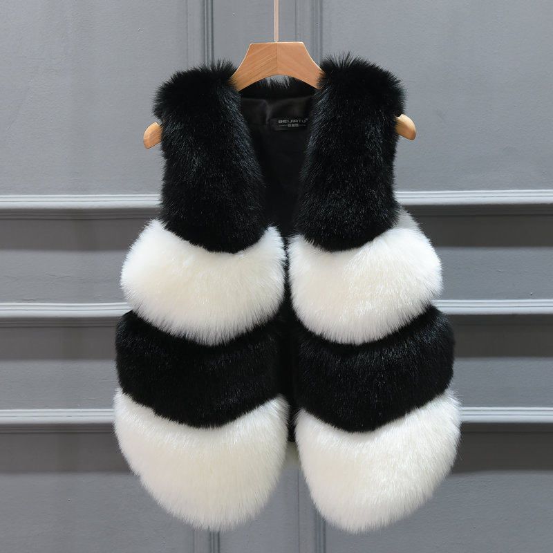 Gilet in pelliccia sintetica di volpe transfrontaliera da donna, corto, autunno e inverno, con cuciture bianche e nere, in pelle_voghion.com