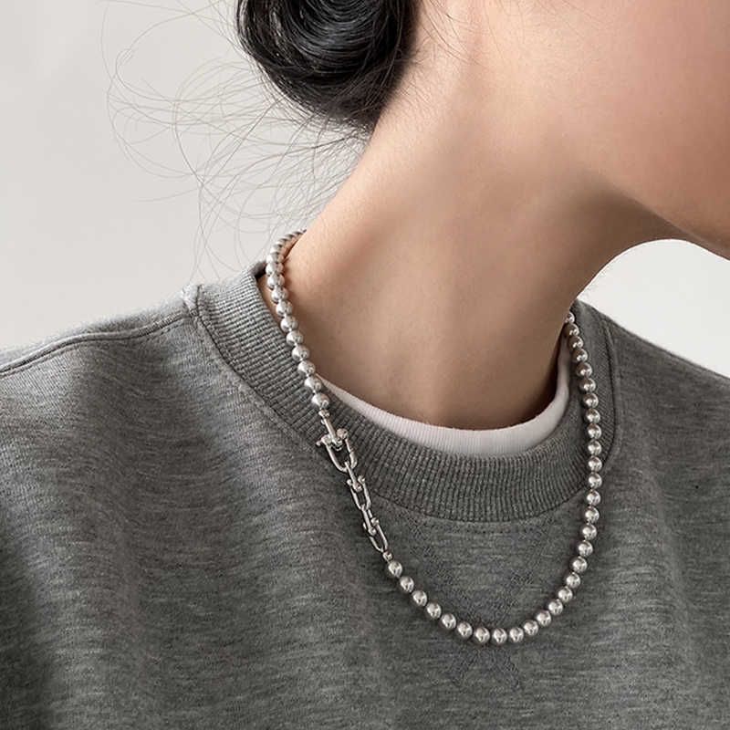 S925 Silver Casual Cool Premium Gray Pearl Chain Splicing Necklace Female Niche Personality_voghion.com
