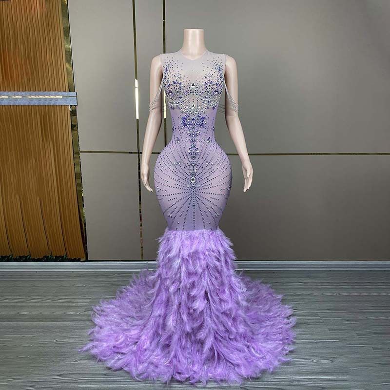 Rochie lungă de seară cu mâneci lungi, cu temperament blând și generos, violet, pentru femei, cu aspect de perspectivă, plasă, complet diamantat_voghion.com