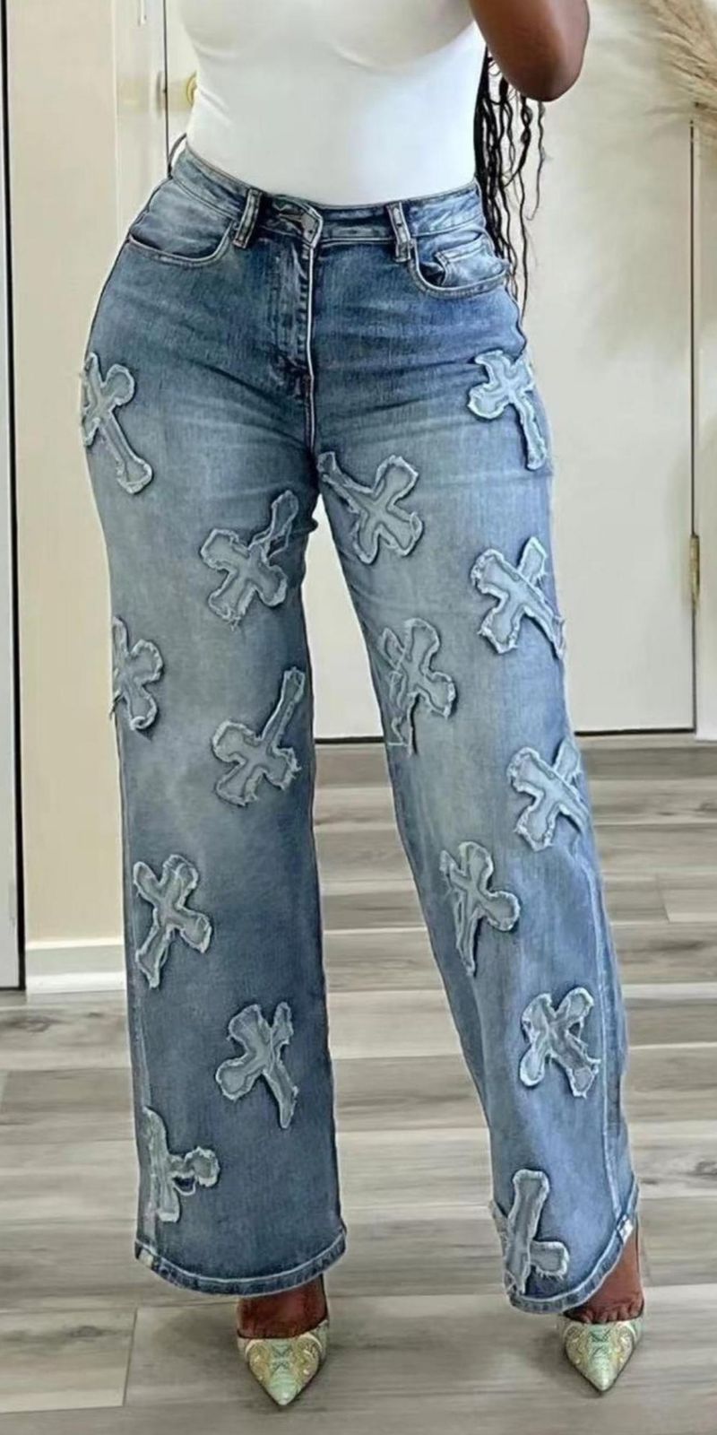 Women's Clothing Women's retro washed denim tassel hip-hop straight 9-point pants_voghion.com