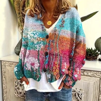 Trendy 3D Print Cardigan – Oversized Knit Open Front Sweater For Women (Streetwear Chic, Multi-Color)_voghion.com