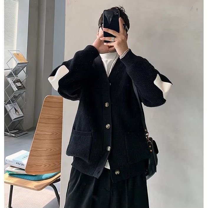 Cardigan in maglia con scollo a V color-block da uomo - Classico maglione in stile preppy per autunno e inverno, leggero e traspirante, taglia M-3XL_voghion.com