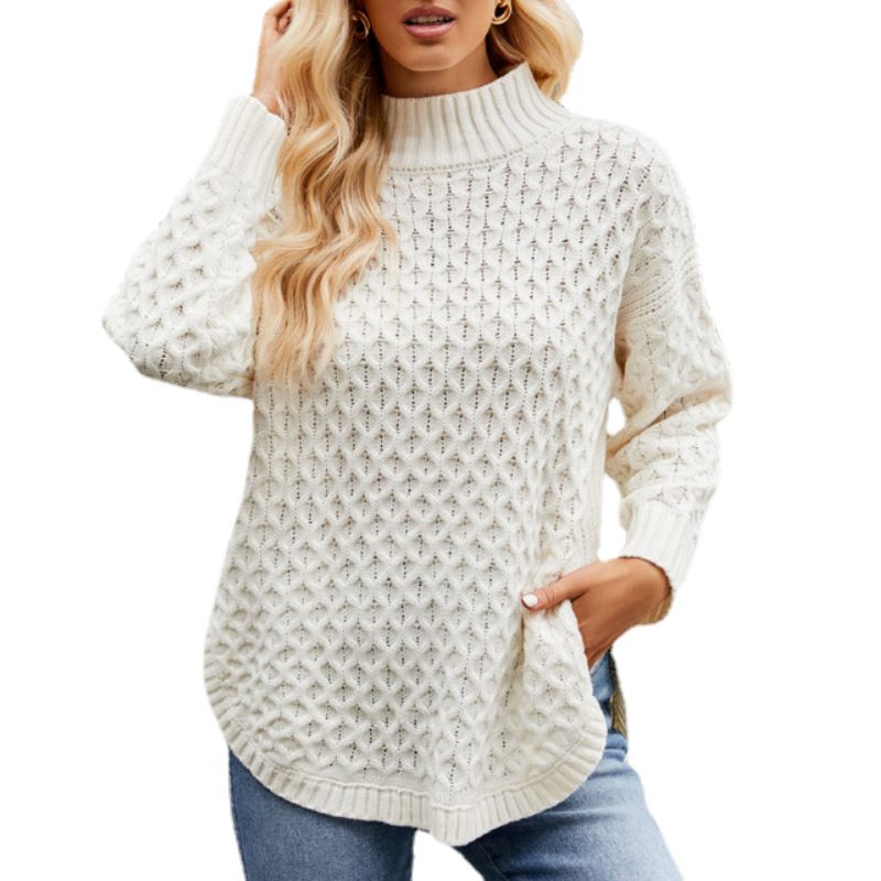 Half turtleneck pullover sweater autumn and winter lazy style knitted sweater solid color cable knitted sweater for women_voghion.com