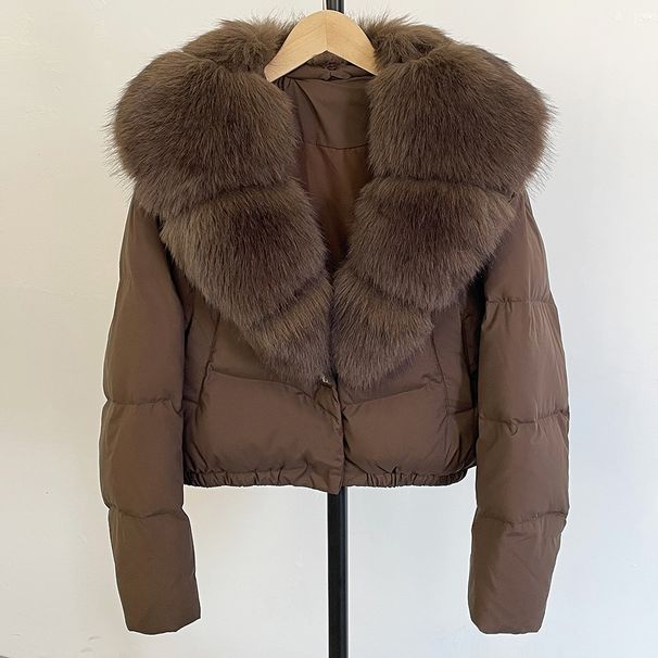 Women's Short Down Jacket With Oversized Fox Fur Collar - Winter Fashion Coat With White Duck Down, Detachable Fur, Loose Fit, Multiple Colors_voghion.com