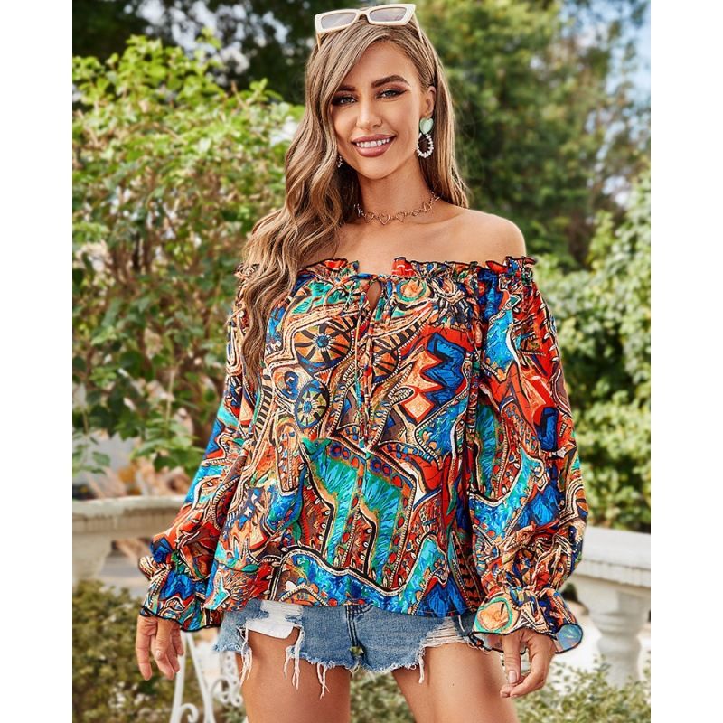 Women's sexy one-line neckline strapless long-sleeved printed shirt_voghion.com