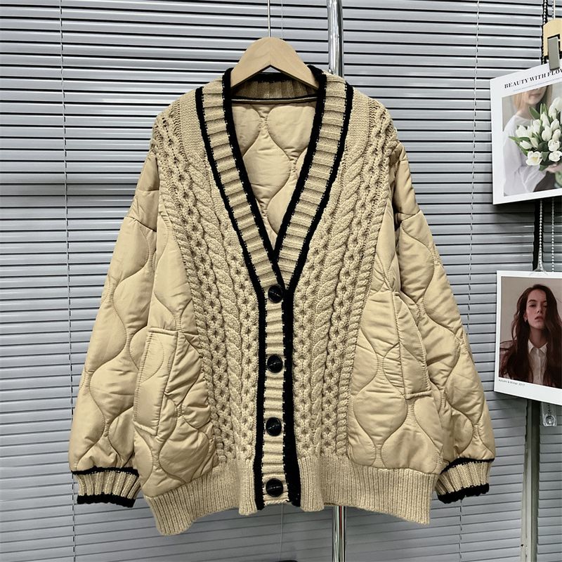 Women's Clothing splicing sweater jacket for women 2024 new autumn and winter loose lazy style thickened knitted cardigan top_voghion.com