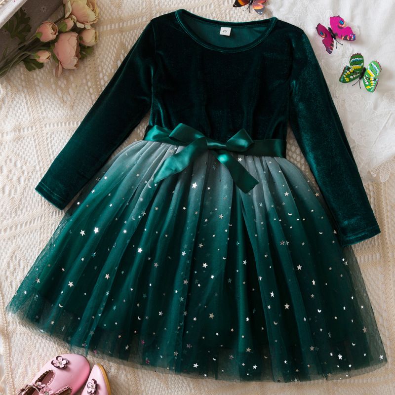 Kids’ Clothing Autumn And Winter New Girls Long Sleeve Dress Star Gradient Mesh Princess Dress Christmas Red Dress_voghion.com