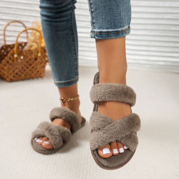 Women's Shoes fur slippers for women fashionable flat bottomed open toed indoor large size plush slippers_voghion.com