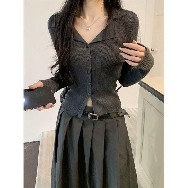 Maglietta base in maglia con colletto polo in stile francese per donna, cardigan sottile per autunno e inverno, vestibilità slim interna lunga_voghion.com