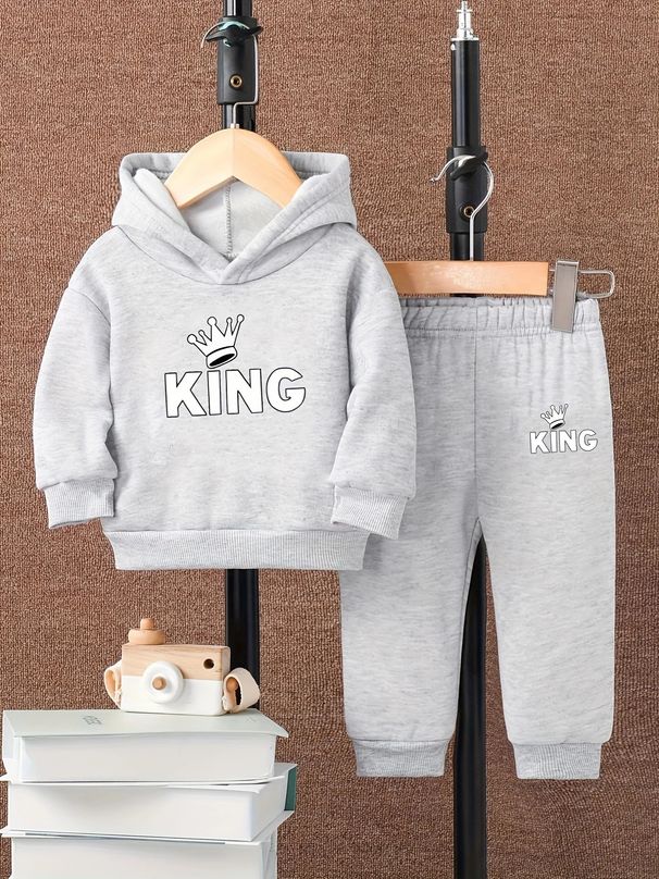 "Royal Crown Print Hooded Fleece Tracksuit Set For Baby Boys (1-3 Years) - Soft Polyester Long Sleeve Top & Pants, Winter/Spring/Fall Outfit"_voghion.com
