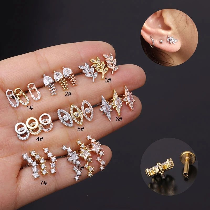 1 pièce 16G, boucles d'oreilles en cristal CZ avec motif étoile croisée, nombril en spirale perforée en forme de coquille terrasse lèvre carnation barre_voghion.com