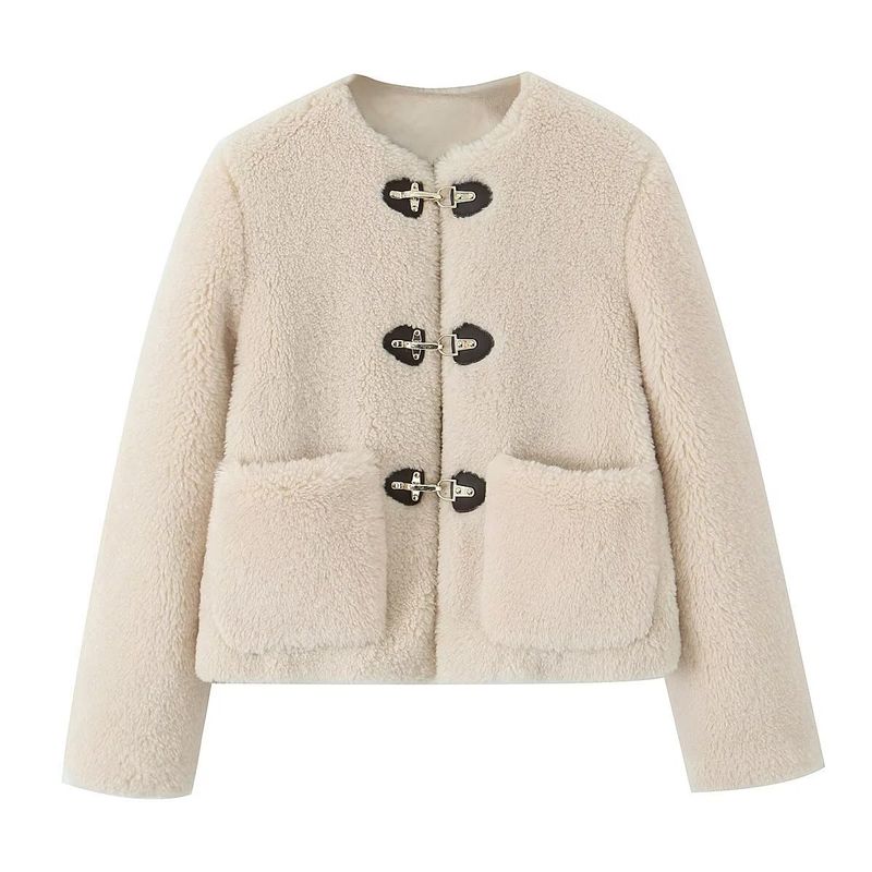 Women's winter new style versatile round neck long sleeve solid color pocket fur coat for women _voghion.com