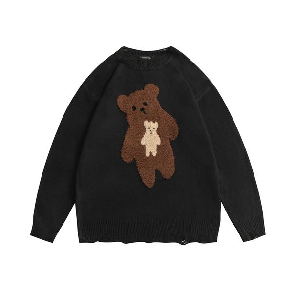 Men's Clothing cartoon bear jacquard sweater retro niche round neck sweater_voghion.com