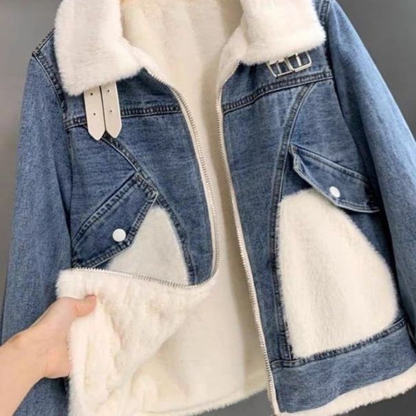 Giacca in denim da donna in pelliccia sintetica – Foderata in pile invernale, oversize ed elegante, calda e comoda (bianco/grigio, S-L)_voghion.com