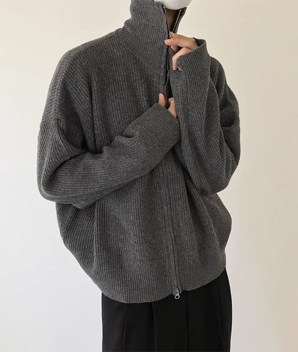 Herrkläder stickad jacka för män höst och vinter enfärgad dragkedja all matchande kofta för män lös avslappnad stil trendig_voghion.com