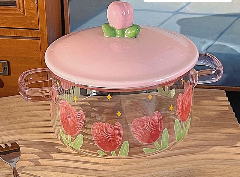 Ciotola per noodles istantanei in vetro di grande capacità e aspetto elegante con coperchio per dormitorio, ufficio per studenti, ciotola per noodles istantanei a doppia orecchie_voghion.com