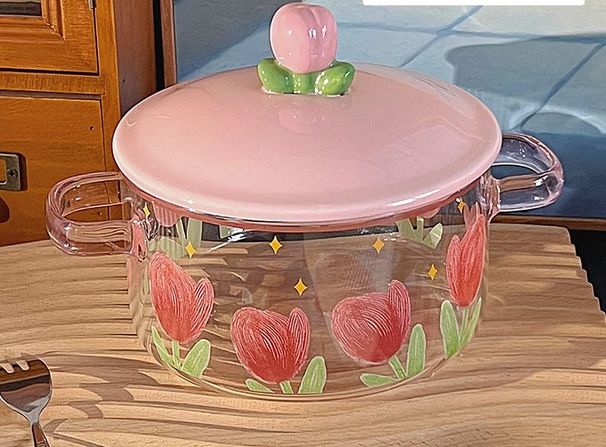 Ciotola per noodles istantanei in vetro di grande capacità e aspetto elegante con coperchio per dormitorio, ufficio per studenti, ciotola per noodles istantanei a doppia orecchie_voghion.com