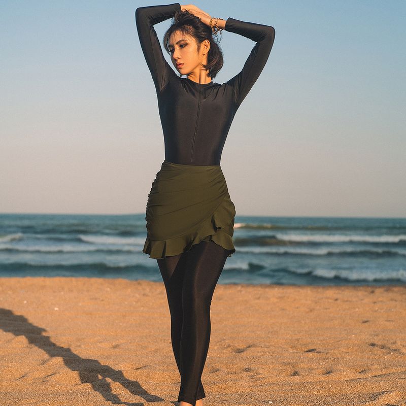 Muslim Front Zipper One Piece Women's Swimsuit Long Sleeves And Long Pants Sunscreen Short Skirt Three Piece Swimsuit Burkini_voghion.com