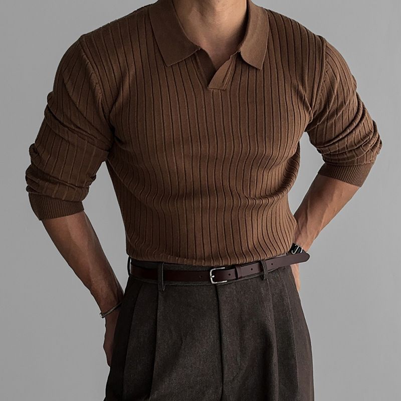 Spring and Autumn High end New Men's Wear Solid Color Threaded Elastic Collar Hoodie Slim Knitted T-shirt for Men_voghion.com