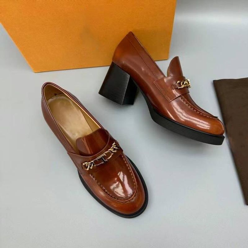 24 Early Spring New Black Chain T-Buckle Cowhide Thick Heels Lefu Single Women's Shoes Shallow Mouth Simple And_voghion.com