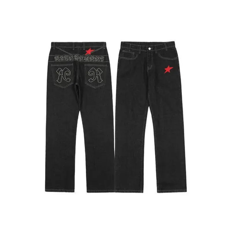 Pantaloni jeans dritti da uomo Hip Hop neri ricamati con lettera Star Chic 2022 da uomo streetwear pantaloni larghi in denim da uomo nuovi_voghion.com