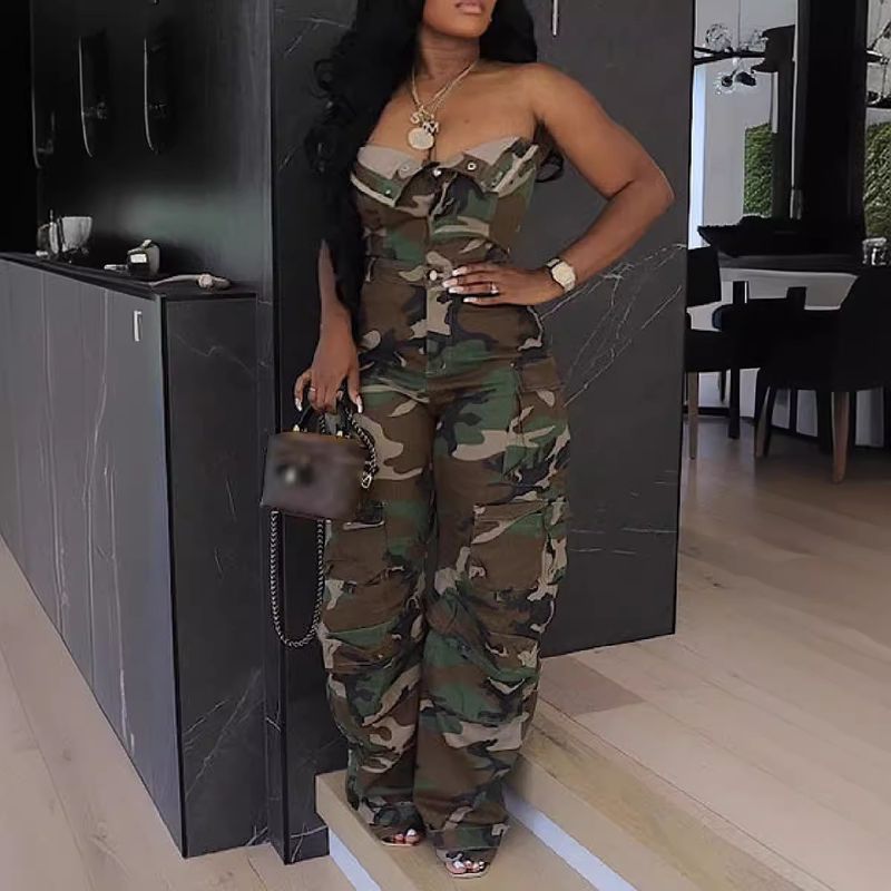 Women's Clothing Breasted Tube Top Slim High Waist Multi Pocket Jumpsuit Trousers_voghion.com