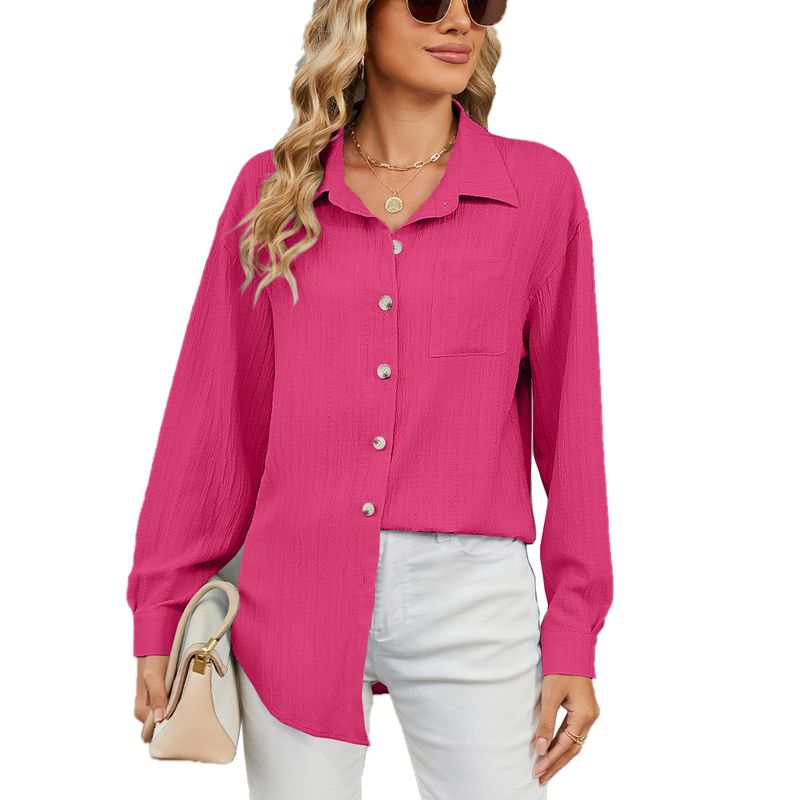 Camicia da donna casual, ampia, a maniche lunghe, con risvolto e bottoni, tinta unita_voghion.com
