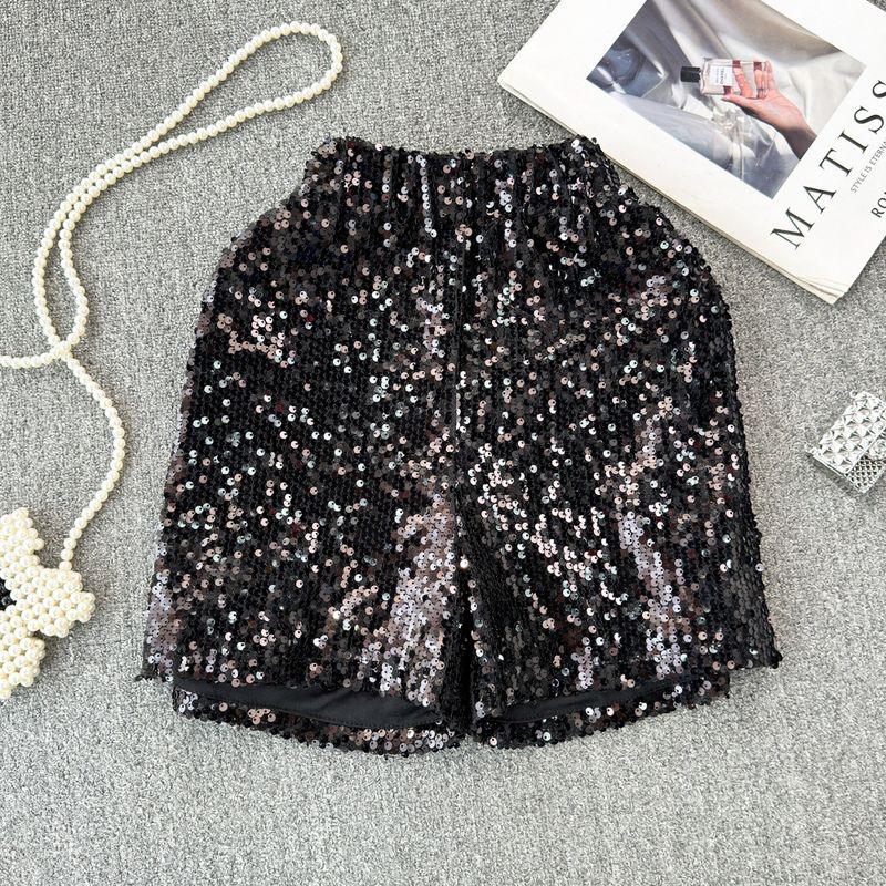 Pantaloni scurți de vară pentru femei, elastici, cu talie înaltă, lejeri, subțiri, cu picior larg, la modă, cu sclipici_voghion.com