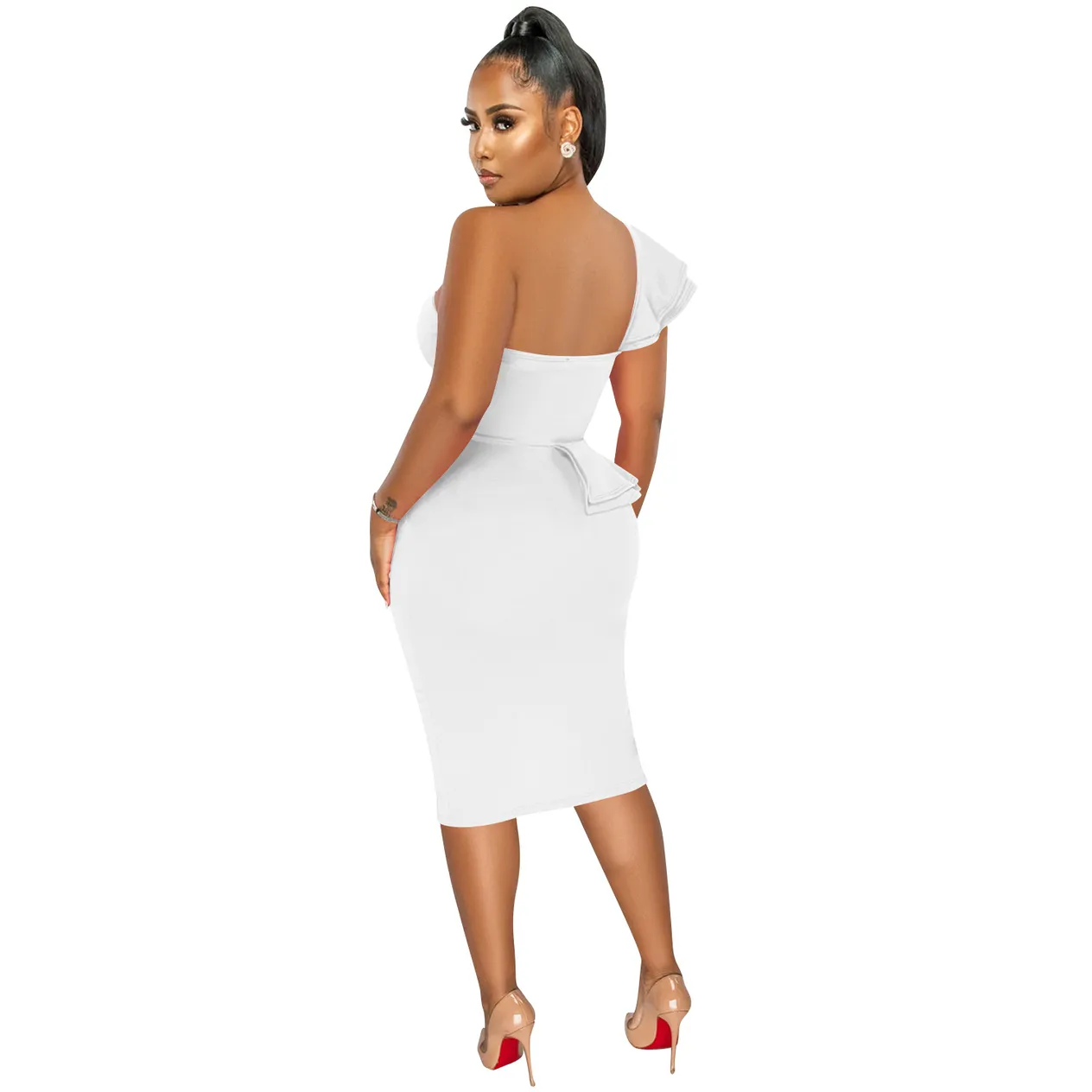 Women's Clothing fashion casual ruffled slit one shoulder sleeve dress women's clothing_voghion.com