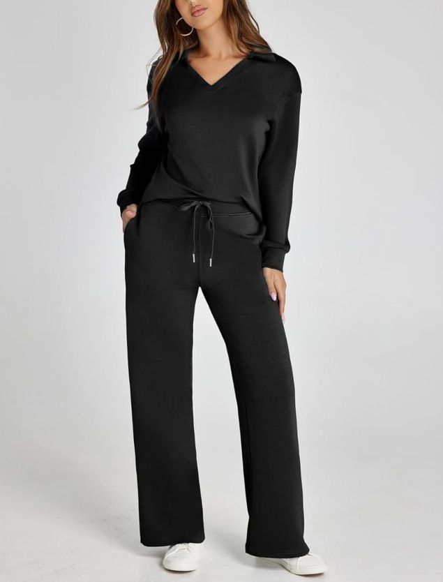 Oversized V-Neck Top & Flared Jogger Set – Streetwear Two-Piece Outfit With Drawstring Waist, Trendy Loungewear_voghion.com