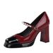 9988 Banquet Mary Jane Chunky Square Toe Color Block Shallow Mouth Waterproof Platform Pearl Strap High Heel Single_voghion.com