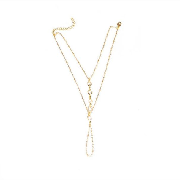 Gioielli alla moda casual da spiaggia per donne semplici con catena in lega a doppio strato e cristalli, cavigliera con punta collegata_voghion.com